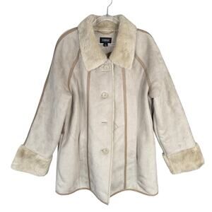 COMPANY ELLEN TRACY L  Faux Shearling Coat Beige Suede Fur Trim Cozy Chic Style
